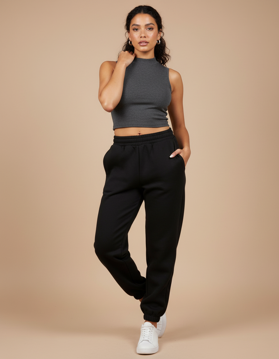Pantalon Noir Jogging Molleton Confortable Décontracté Femme