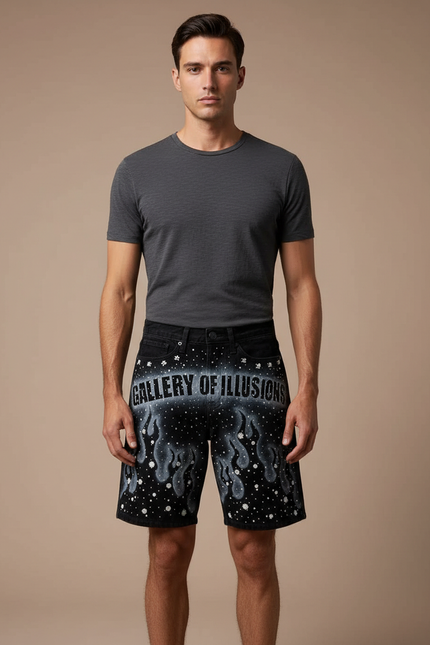 Pantalon Noir Court Imprimé Flammes Décoré Strass Homme - Jean