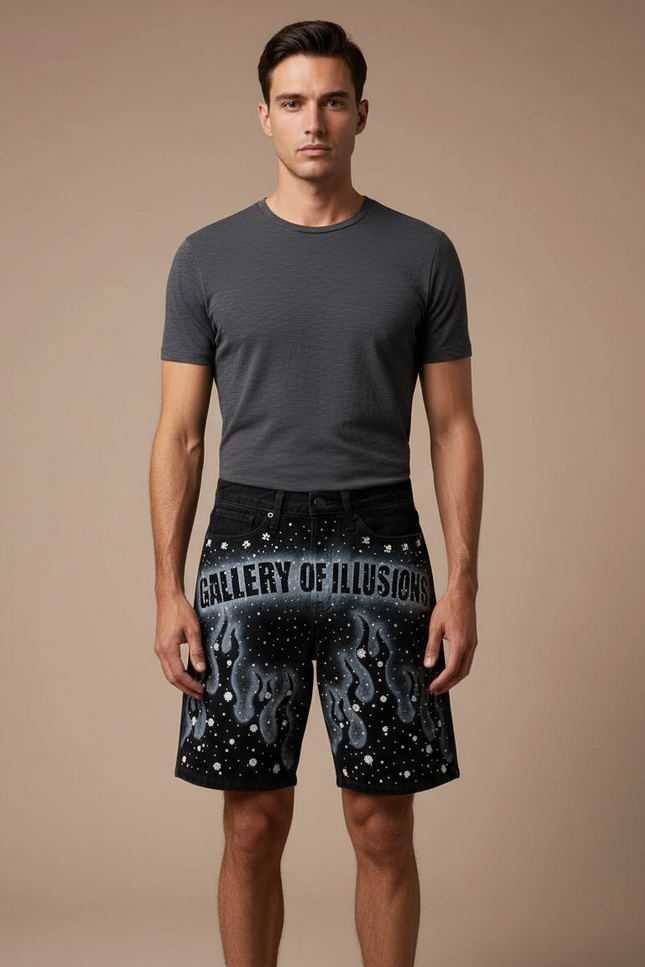 Pantalon Noir Court Imprimé Flammes Décoré Strass Homme - Jean