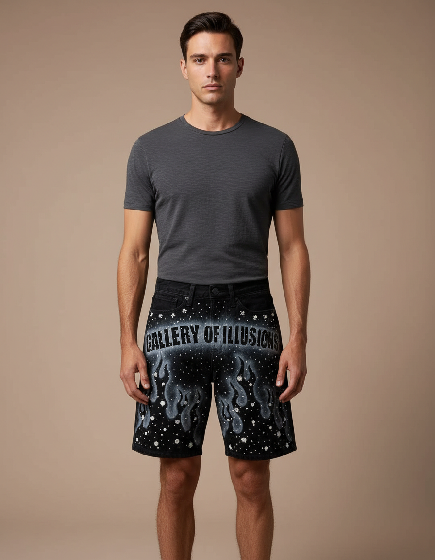 Pantalon Noir Court Imprimé Flammes Décoré Strass Homme - Jean