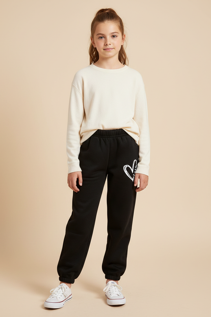 Pantalon Noir Molletonné Confortable Cœur Fille