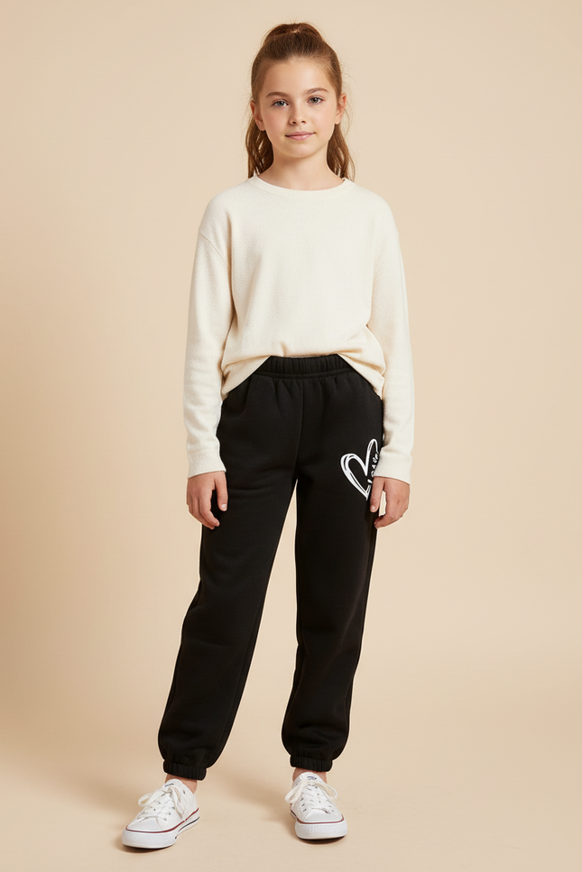 Pantalon Noir Molletonné Confortable Cœur Fille