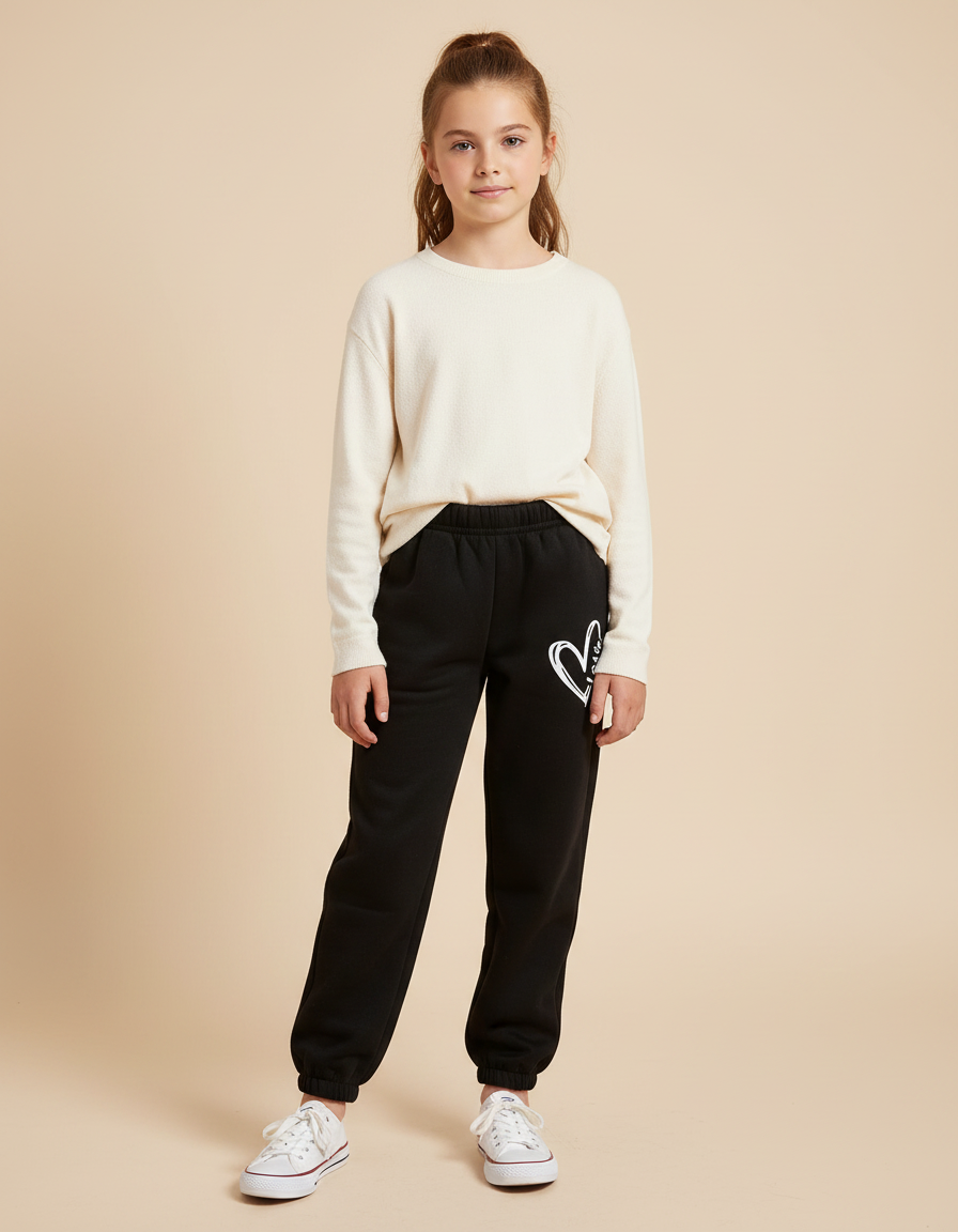 Pantalon Noir Molletonné Confortable Cœur Fille