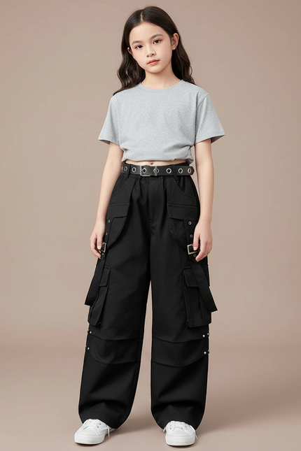 Pantalon Cargo Noir Avec Ceinture - Toile
