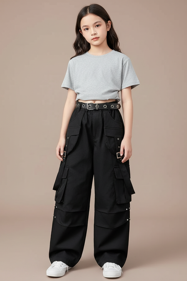 Pantalon Cargo Noir Avec Ceinture - Toile