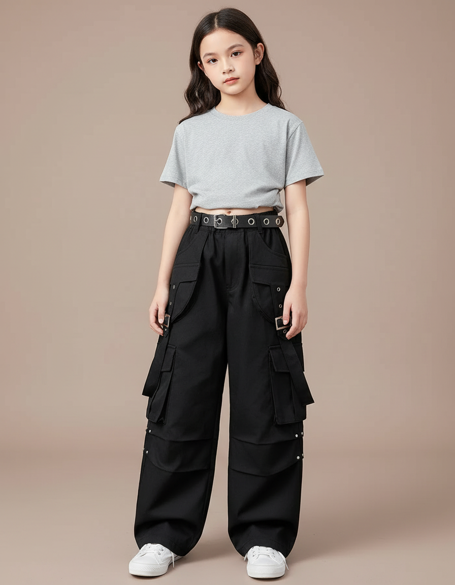 Pantalon Cargo Noir Avec Ceinture - Toile