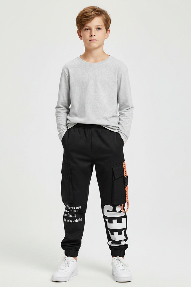 Pantalon Noir Cargo Imprimé Décontracté Garçon - Polyester