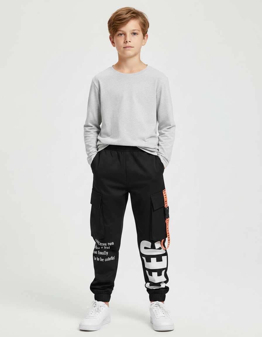Pantalon Noir Cargo Imprimé Décontracté Garçon - Polyester