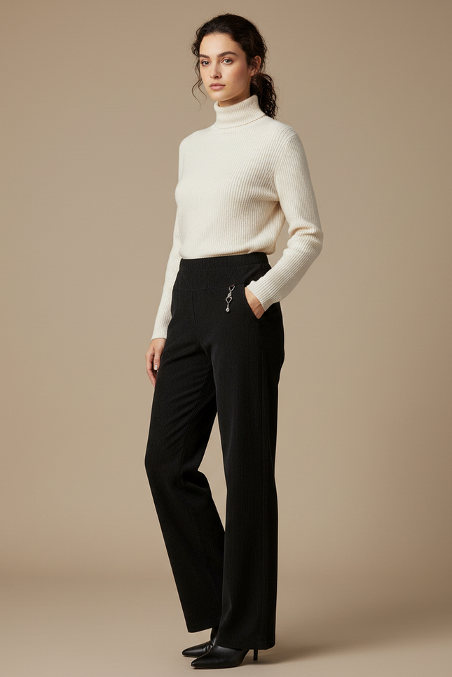 Pantalon Noir Côtelé Droit Décontracté Femme Hiver - Cordé