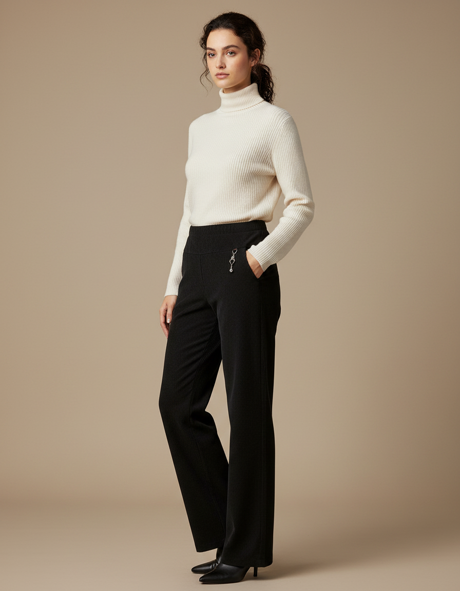 Pantalon Noir Côtelé Droit Décontracté Femme Hiver - Cordé