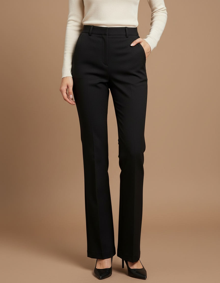 Pantalon Noir Femme Taille Haute Droit Élégant Classique - Polyester