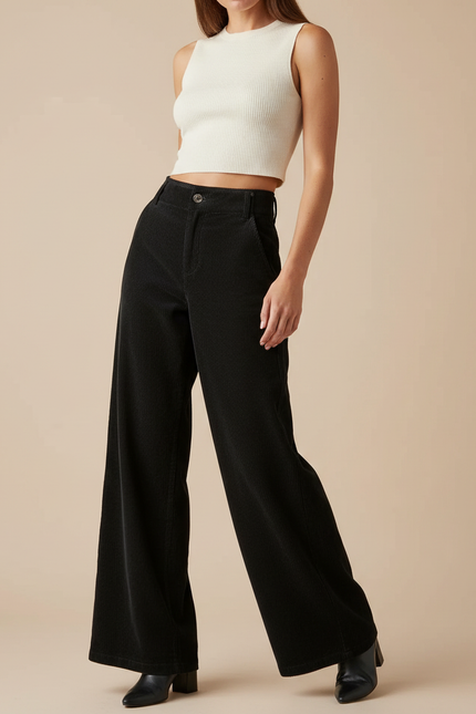 Pantalon Noir Côtelé Taille Haute Ample Femme - Cordé
