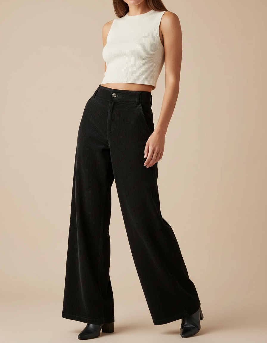Pantalon Noir Côtelé Taille Haute Ample Femme - Cordé