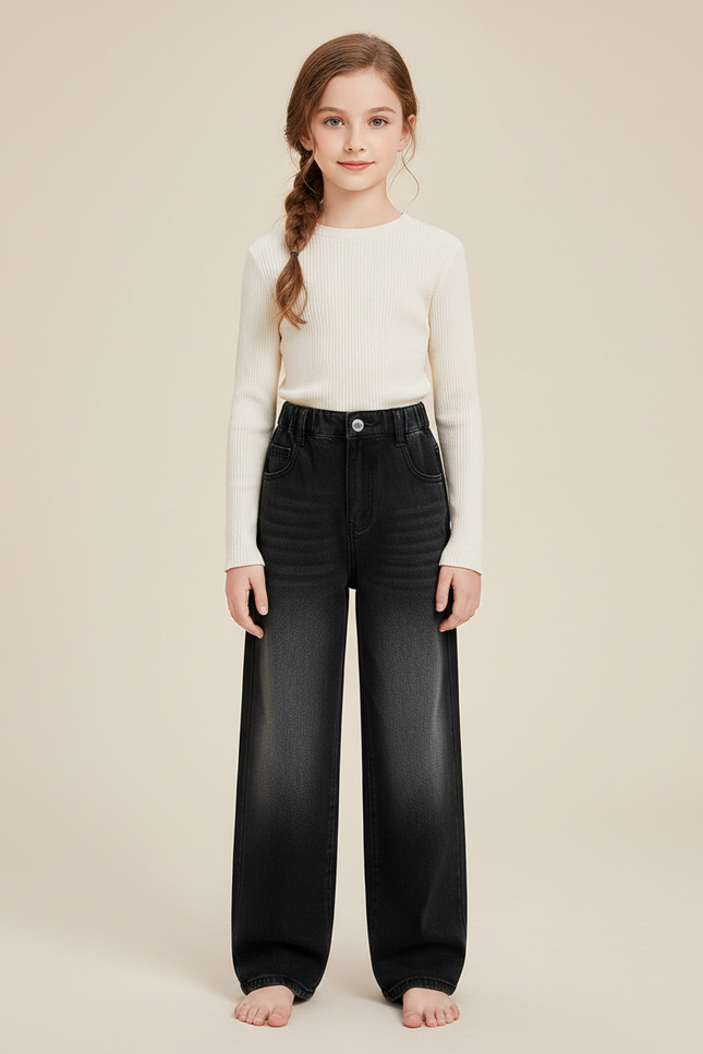 Pantalon Noir Ample Denim Vintage Fille Décontracté - Jean