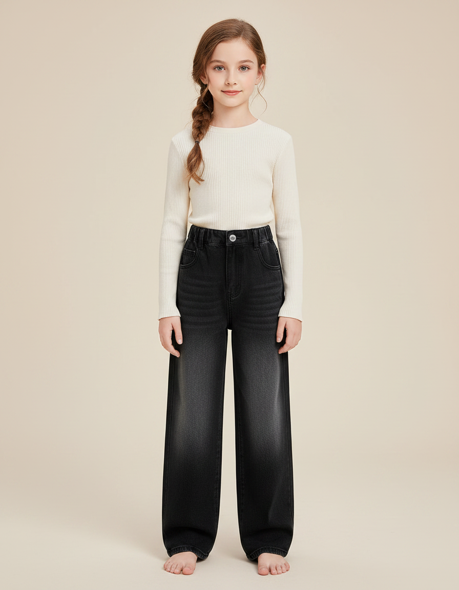 Pantalon Noir Ample Denim Vintage Fille Décontracté - Jean