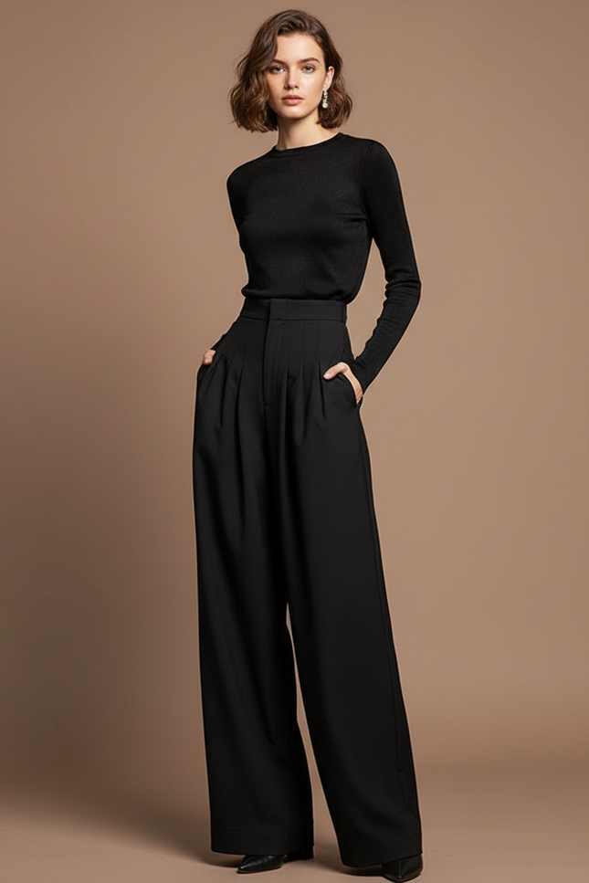 Pantalon Noir Taille Haute Fluide Élégant Femme - Polyester