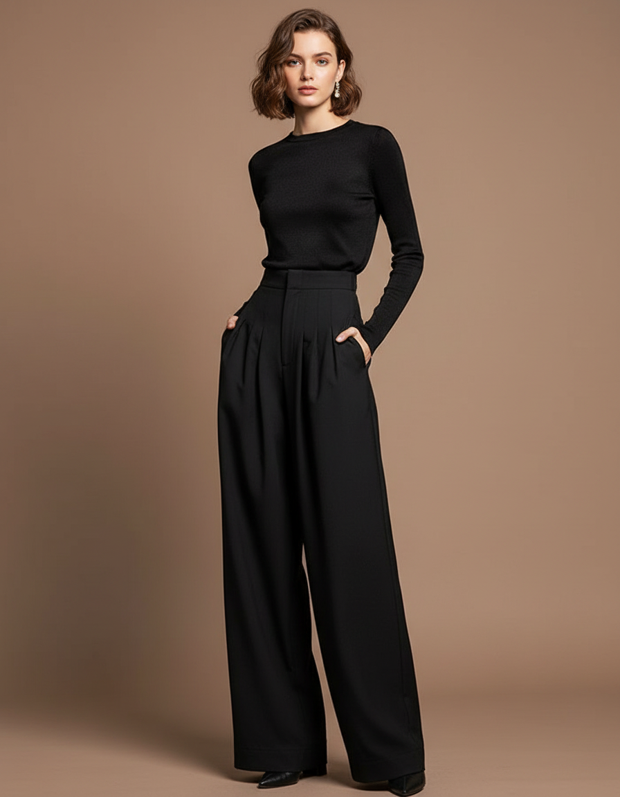 Pantalon Noir Taille Haute Fluide Élégant Femme - Polyester