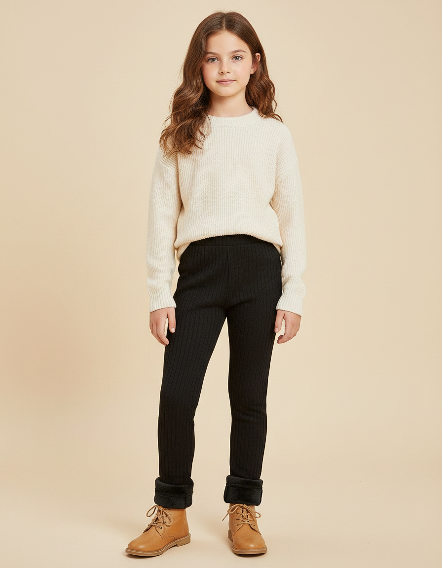 Pantalon Noir Côtelé Doublé Polaire Hiver Fille - Maille