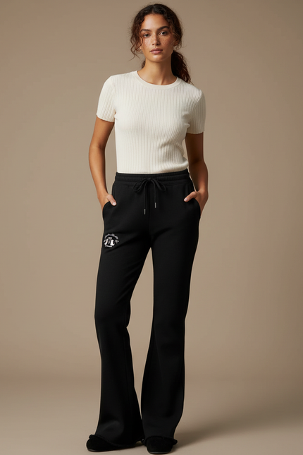 Pantalon Noir Évasé Brodé Cordon Décontracté Femme - Molleton