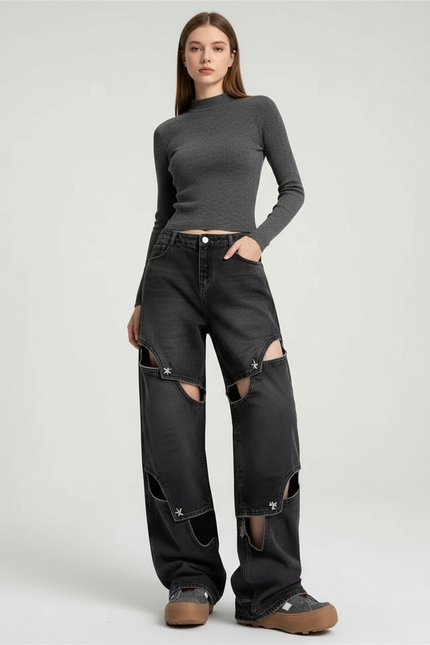 Pantalon Noir Jeans Ample Découpé Étoiles Rétro