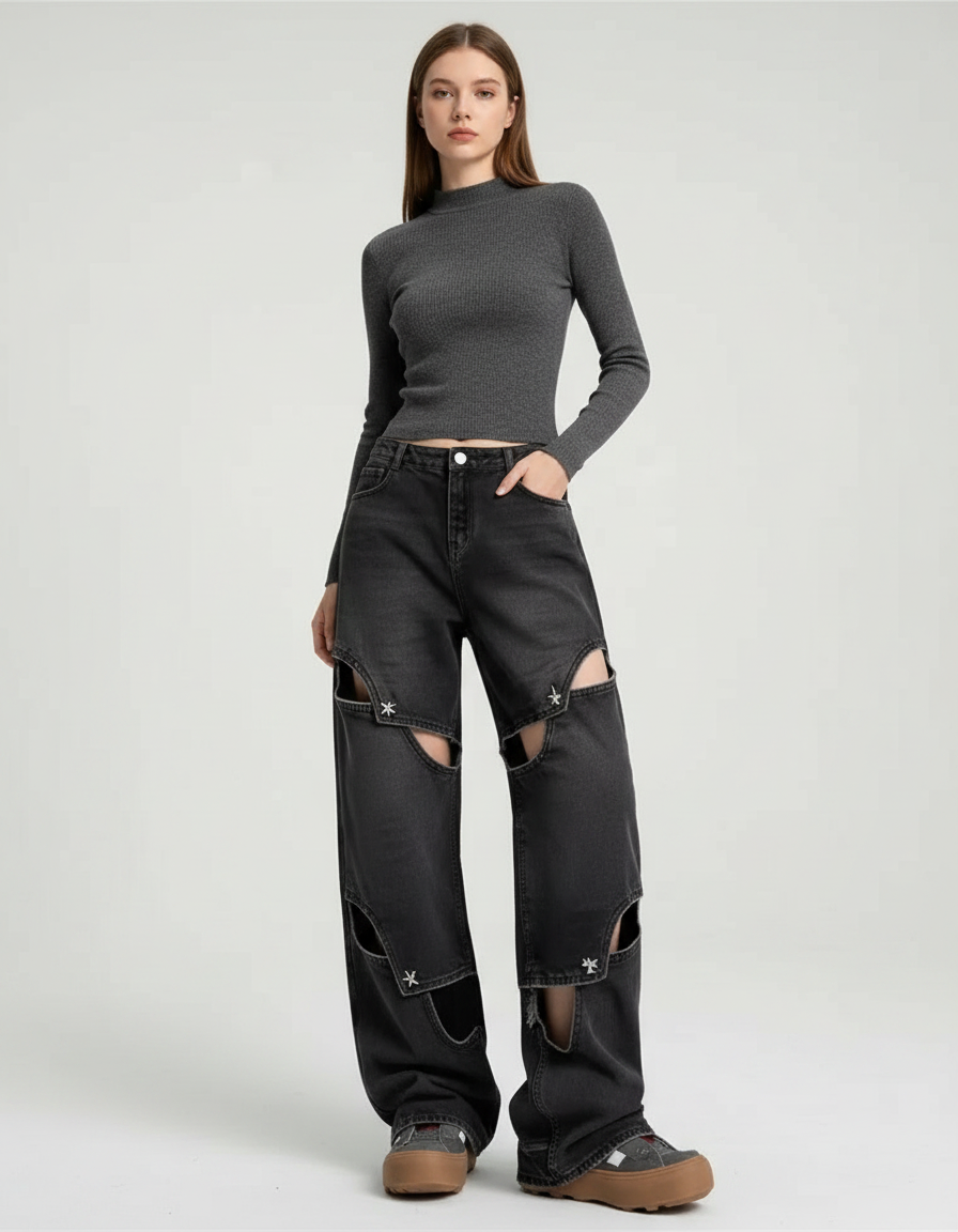Pantalon Noir Jeans Ample Découpé Étoiles Rétro