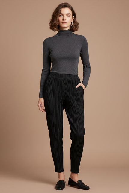 Pantalon Noir Plissé Taille Élastique Confortable Femme - Polyester