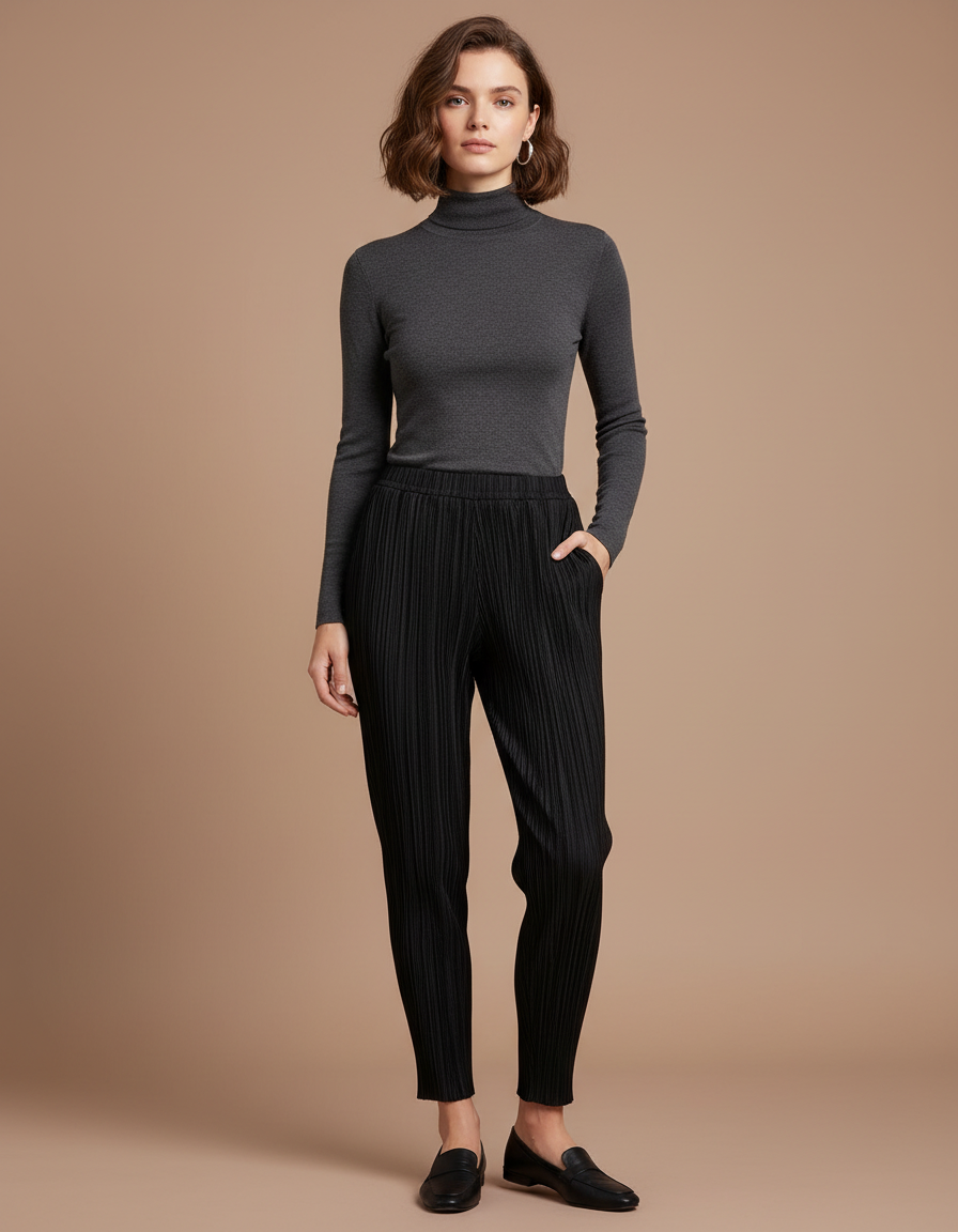 Pantalon Noir Plissé Taille Élastique Confortable Femme - Polyester