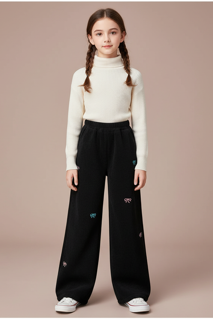 Pantalon Noir Côtelé Ample Brodé Nœuds Fille - Velours