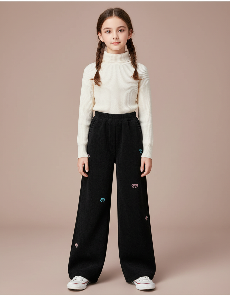 Pantalon Noir Côtelé Ample Brodé Nœuds Fille - Velours
