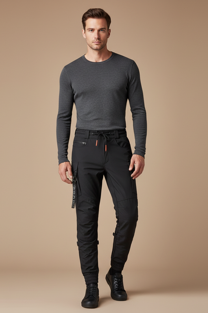Pantalon Noir Cargo Homme Technique Urbain Ajusté - Polyester
