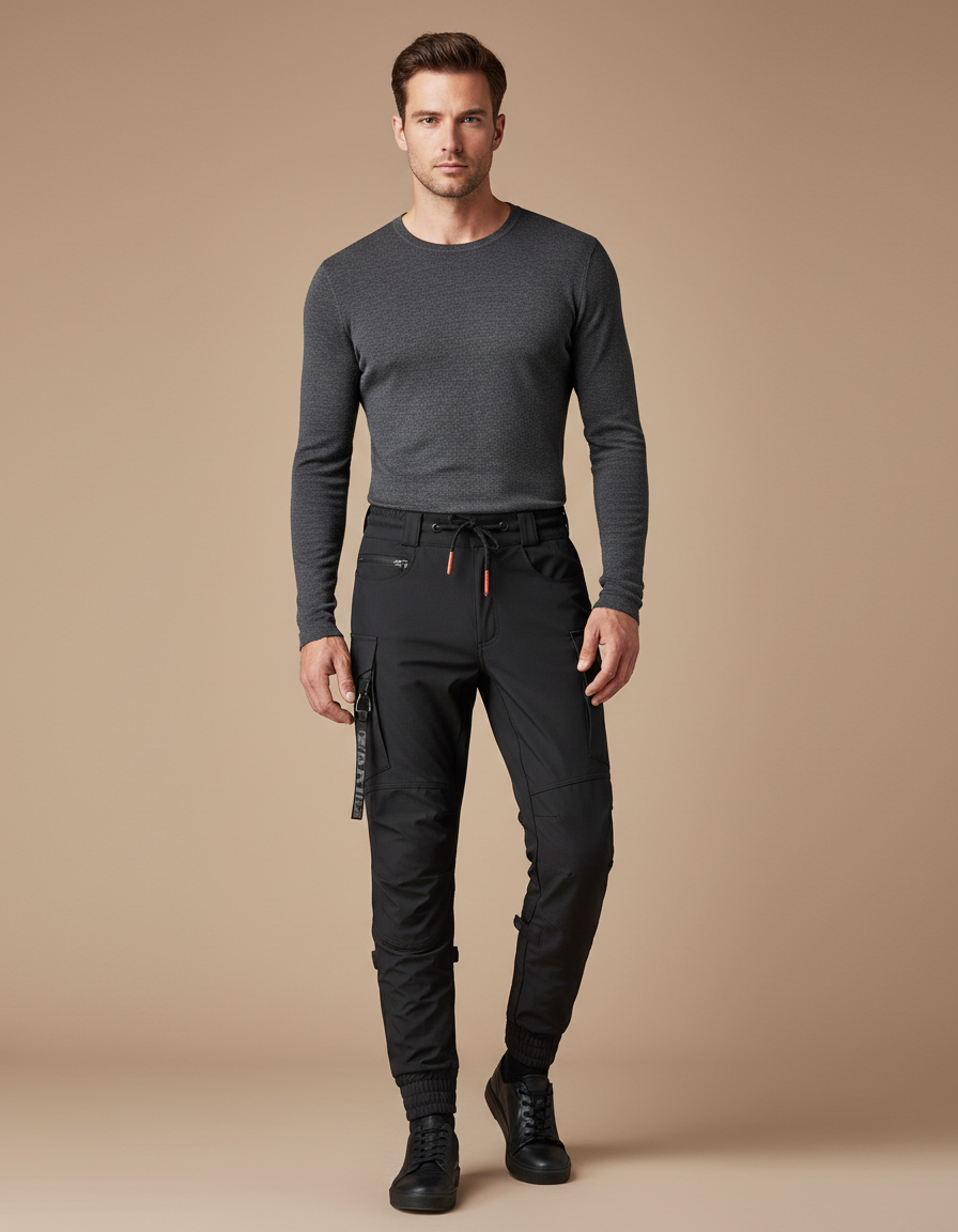 Pantalon Noir Cargo Homme Technique Urbain Ajusté - Polyester