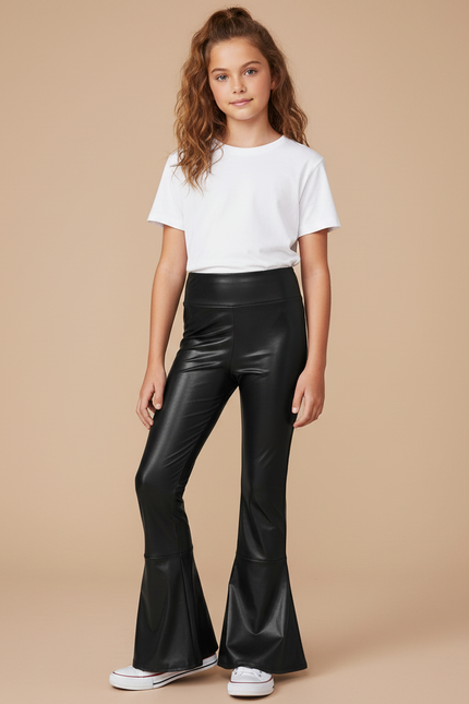 Pantalon Noir Similicuir Évasé Brillant Fille - Simili cuir