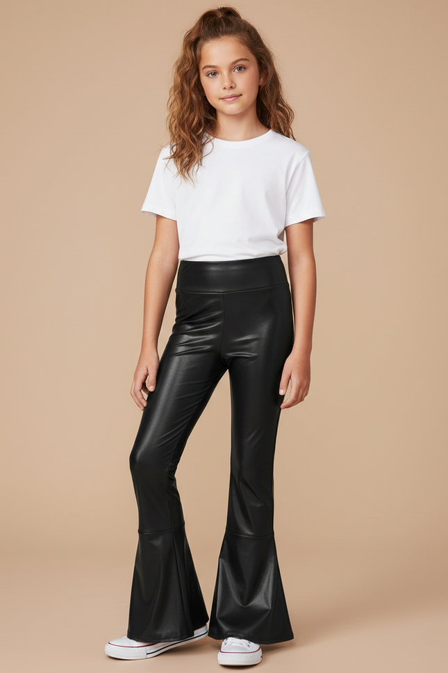Pantalon Noir Similicuir Évasé Brillant Fille - Simili cuir
