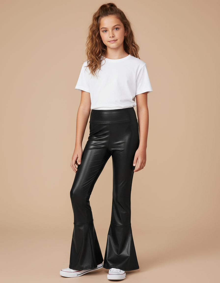 Pantalon Noir Similicuir Évasé Brillant Fille - Simili cuir