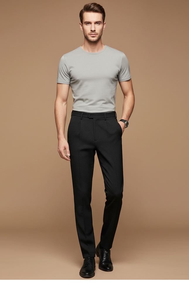 Pantalon Noir Slim Élégant Formel Habillé Texturé - Polyester