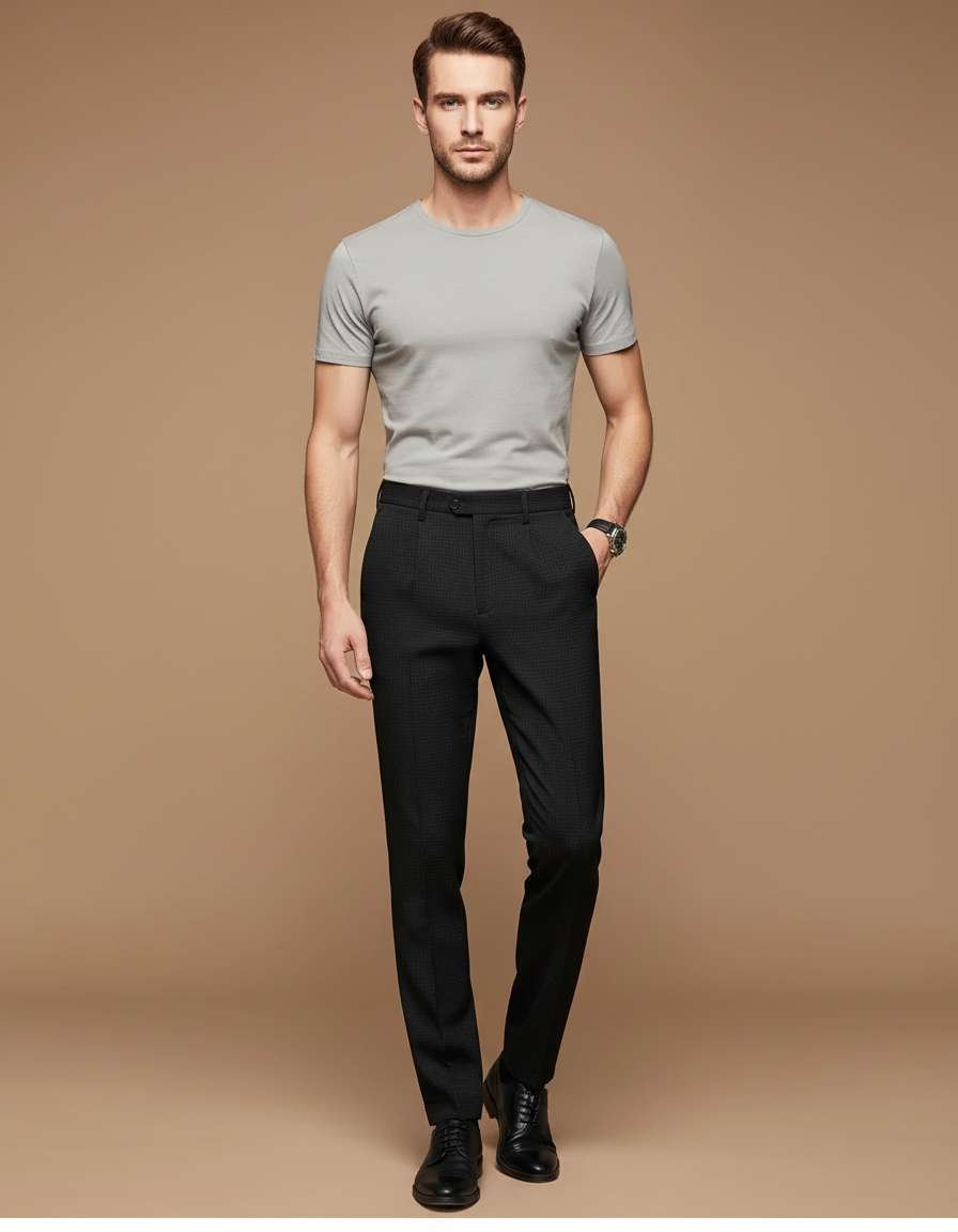 Pantalon Noir Slim Élégant Formel Habillé Texturé - Polyester