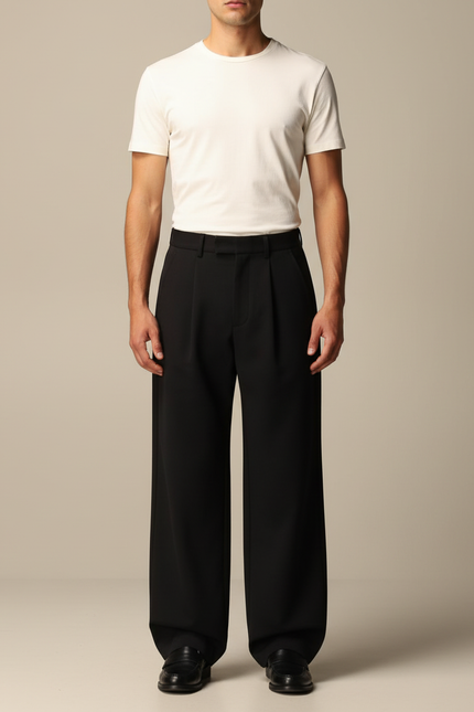 Pantalon Noir Plissé Ample Droit Homme Élégant - Gabardine