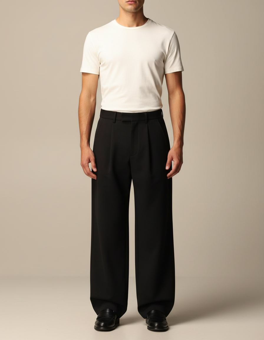 Pantalon Noir Plissé Ample Droit Homme Élégant - Gabardine