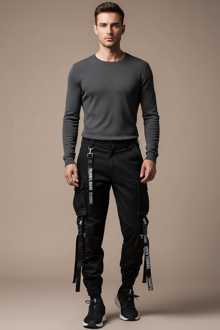 Pantalon Noir Cargo Streetwear Ample Homme - Toile