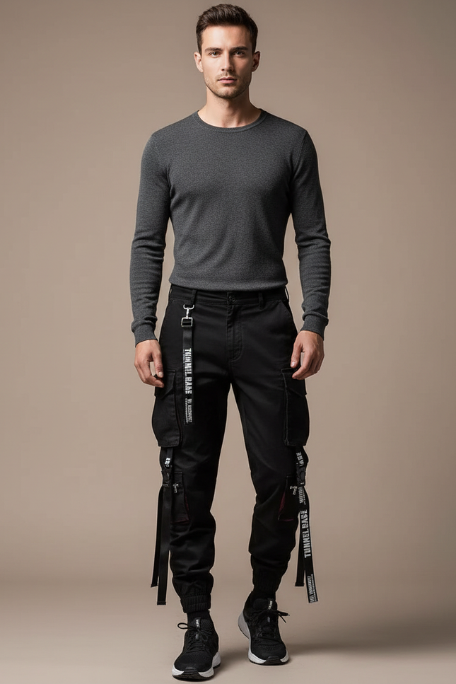 Pantalon Noir Cargo Streetwear Ample Homme - Toile