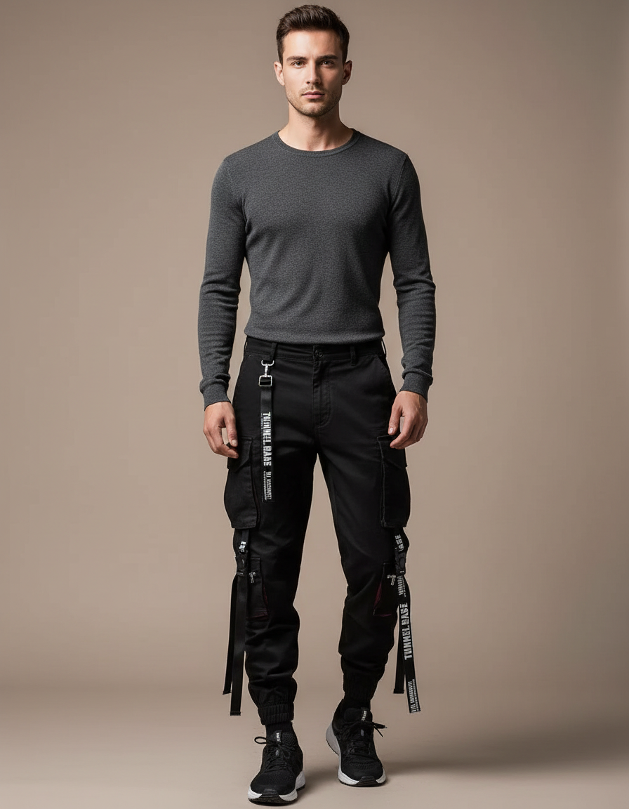 Pantalon Noir Cargo Streetwear Ample Homme - Toile