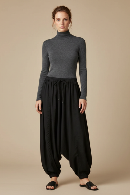 Pantalon Noir Ample Harem Décontracté Fluide - Viscose