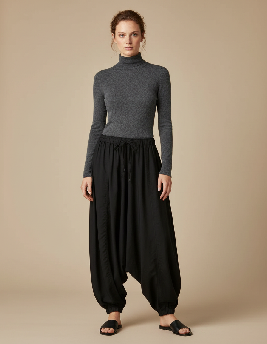Pantalon Noir Ample Harem Décontracté Fluide - Viscose