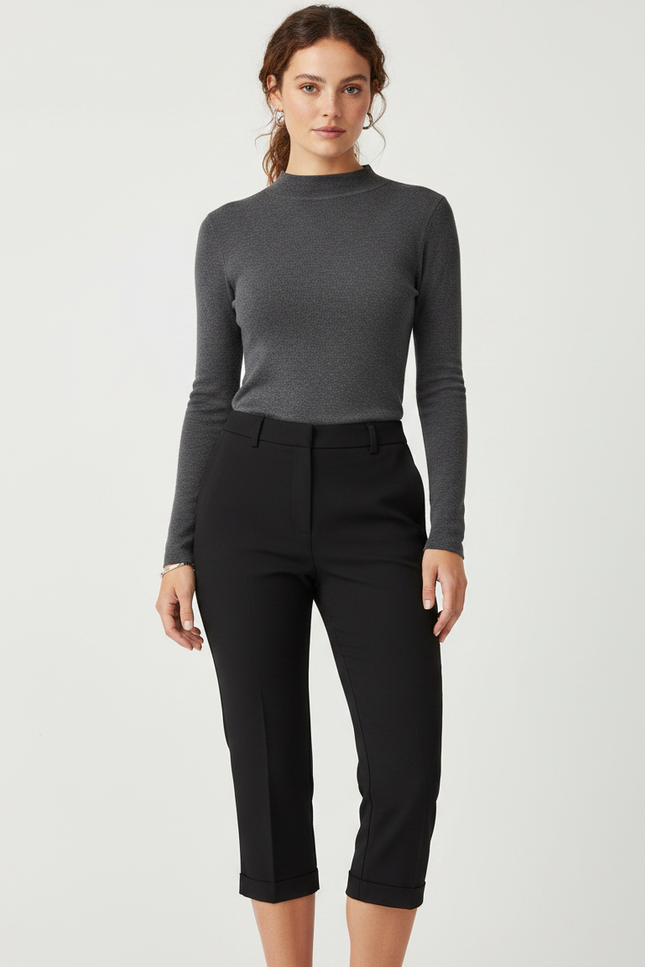 Pantalon Noir Cropped Élégant Taille Haute Femme - Polyester