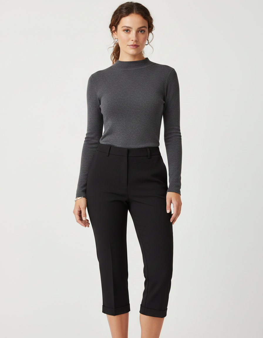 Pantalon Noir Cropped Élégant Taille Haute Femme - Polyester