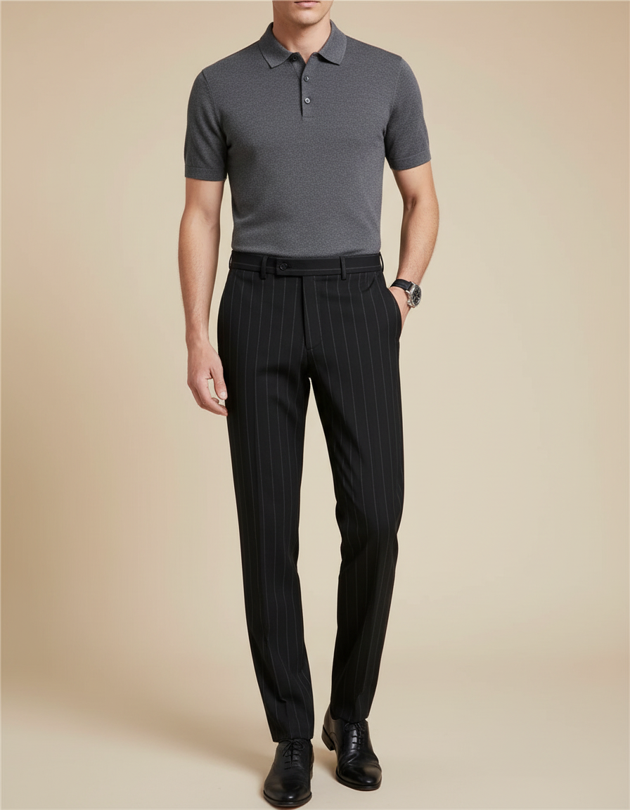 Pantalon Noir Homme Rayé Ajusté Élégant Habillé - Gabardine