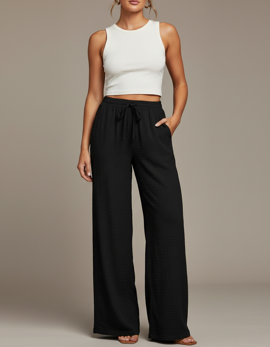 Pantalon Noir Fluide Ample Taille Haute Décontracté - Viscose