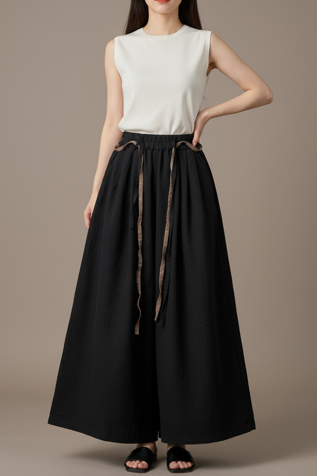 Pantalon Noir Ample Coton Lin Vintage Décontracté