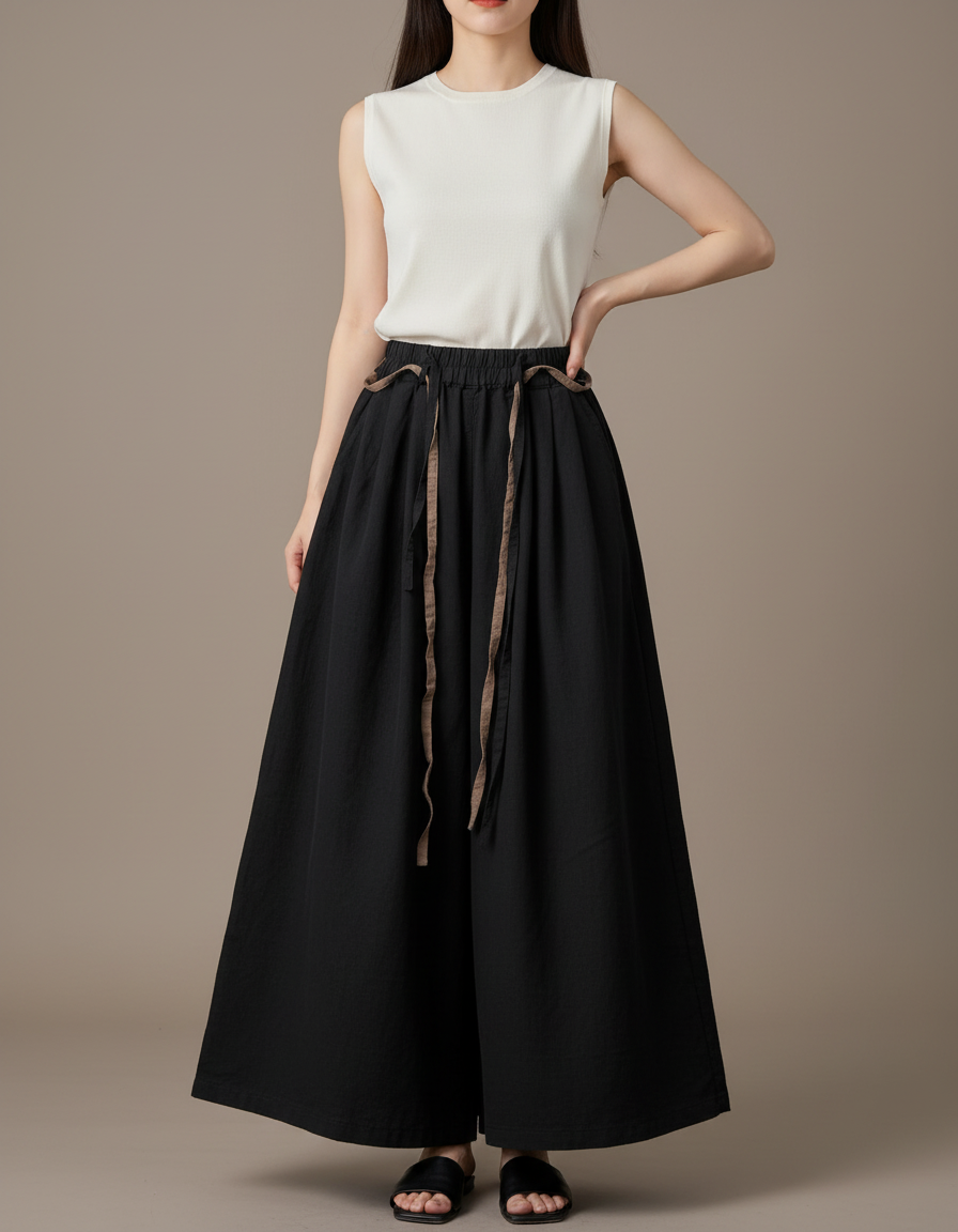 Pantalon Noir Ample Coton Lin Vintage Décontracté