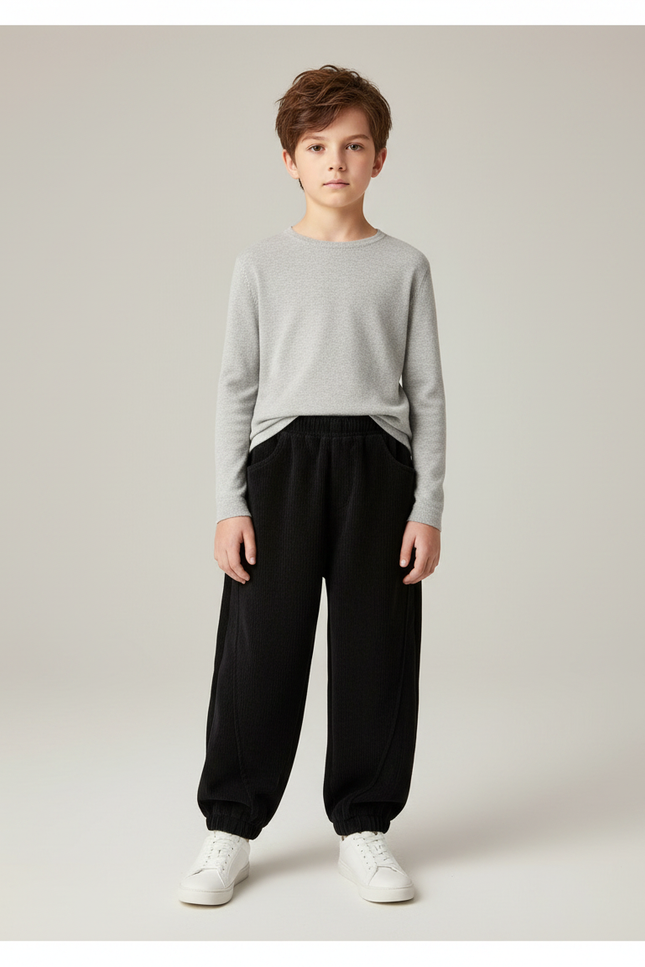 Pantalon Noir Côtelé Ample Décontracté Enfant Sport - Cordé